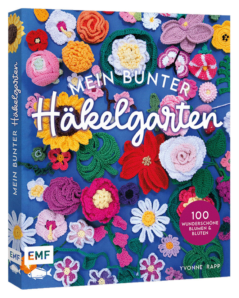 Buchcover 'Mein bunter Häkelgarten' mit vielfältigen gehäkelten Blumen und Farben.