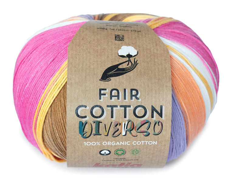 Wollknäuel Fair Cotton Diverso in Pink- und Gelbtönen