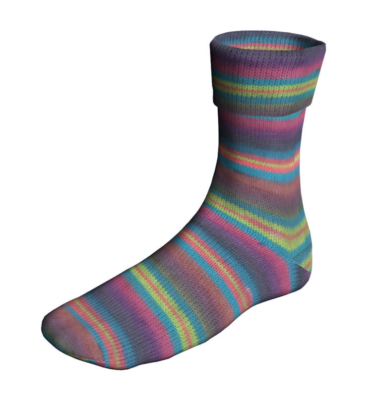 Bunte Sockenwolle mit einem Muster aus harmonischen Farben.
