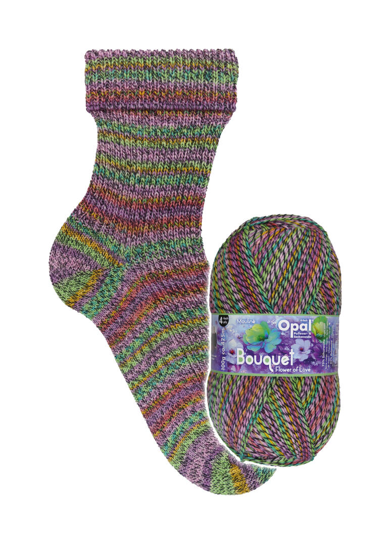 Opal Bouquet Mouliné 4-fach, 11680 - Bunte Socken und Wollknäuel.