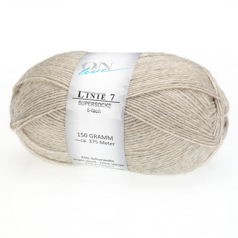 Sockenwolle Linie 7 Supersocke 6-fach von ONline, beige Wolle in einem ovalen Knäuel.