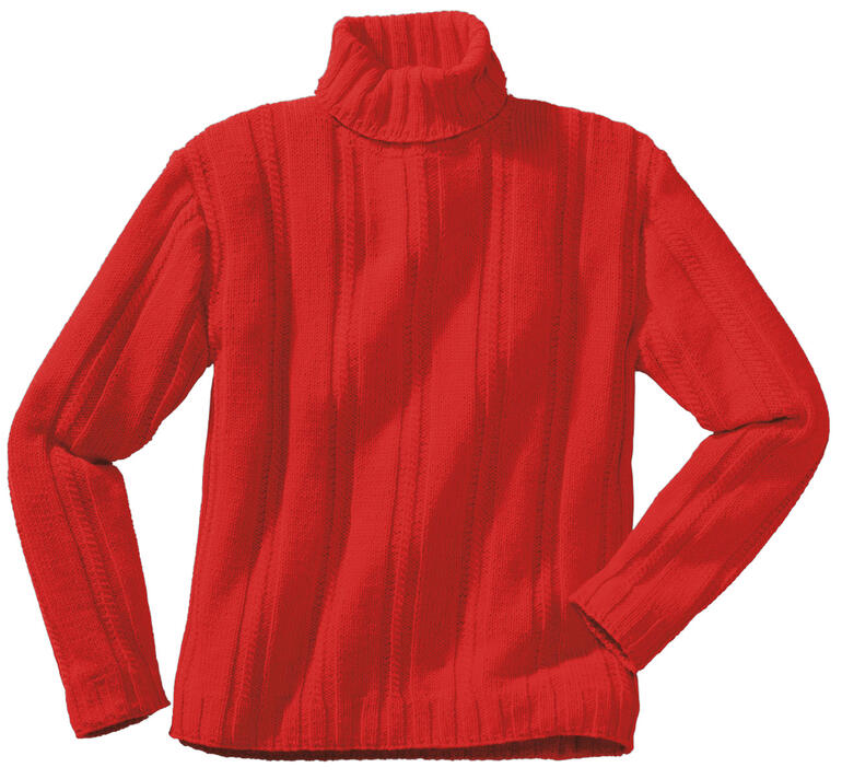 Roter Herren-Rollkragenpullover mit strukturiertem Muster auf einem weißen Hintergrund.