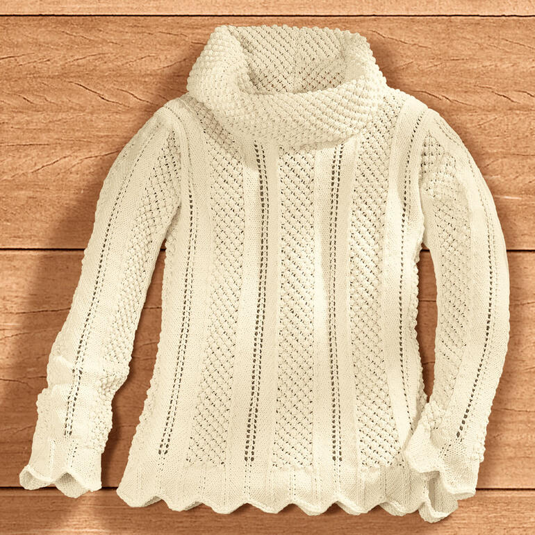 Damenpullover aus Merino-Cotton in weiß mit Rollkragen und Strukturmuster.