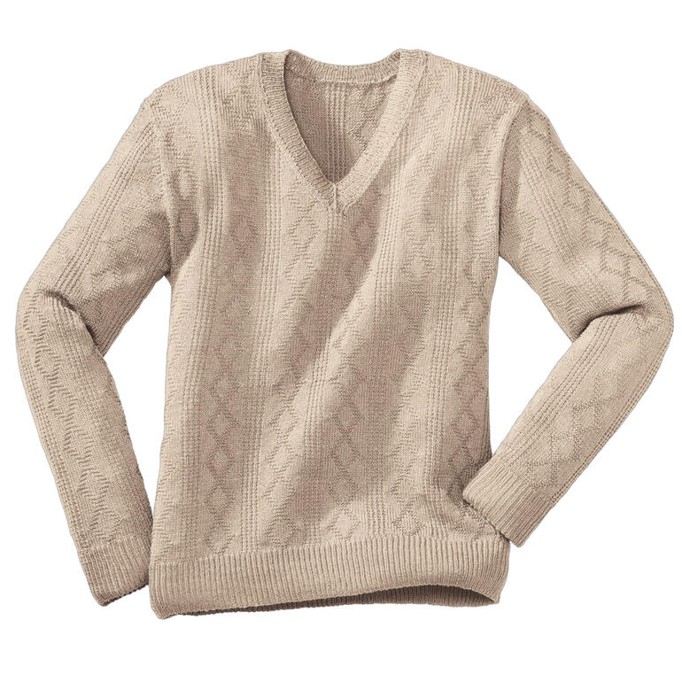 Herrenpullover aus Seidana® in hellem Beige mit V-Ausschnitt und Zopfmuster.