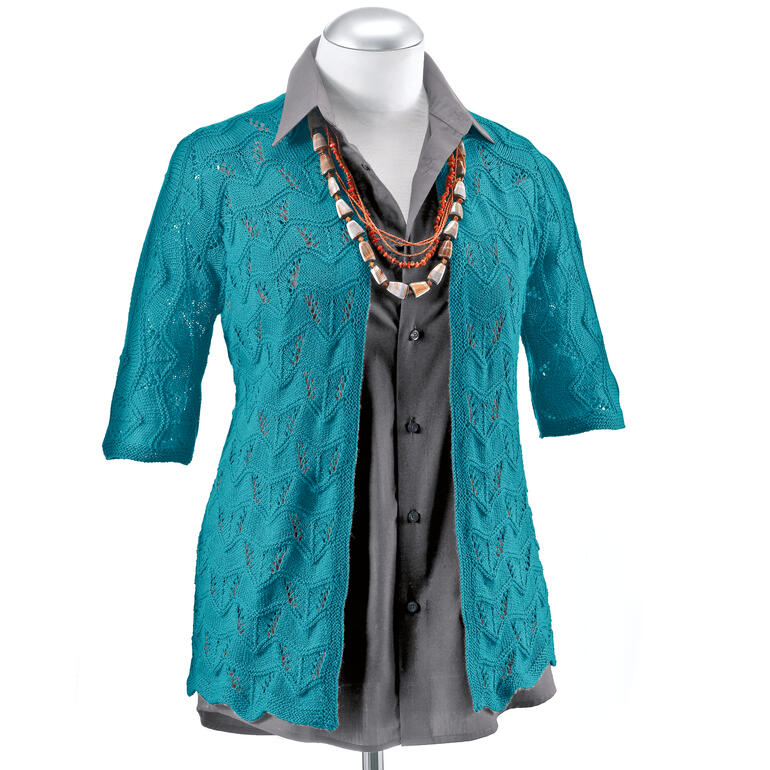 Damenjacke ohne Halsausschnitt-Abnahmen aus Seidana® in Türkis.