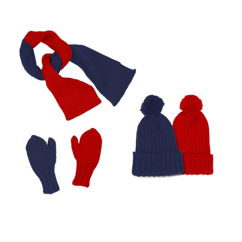 Set mit Mütze, Schal und Fausthandschuhen in Rot und Blau, auf einem weißen Hintergrund.