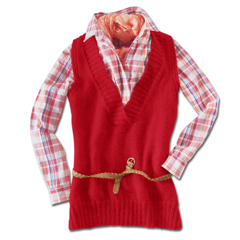 Ärmellose, leicht taillierte Tunika in Rot mit klassischem Karomuster.