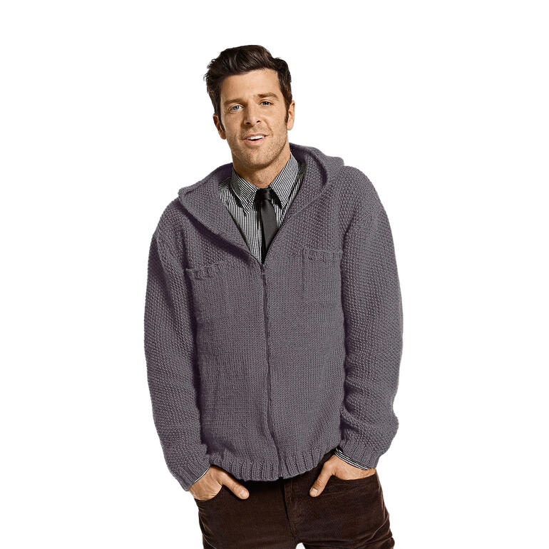 Mann in grauer Herrenjacke aus Merino-Classic mit Kapuze, lächelt.