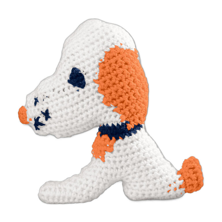 Häkelhund in Weiß und Orange mit blauen Details