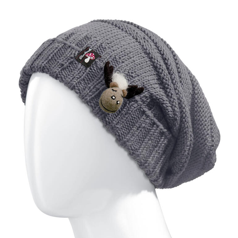 Grau gestrickte Mütze mit animiertem Plüschtier