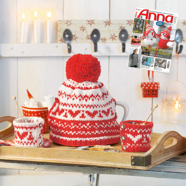 Teekannenwärmer und Teeglaswärmer in rot und weiß