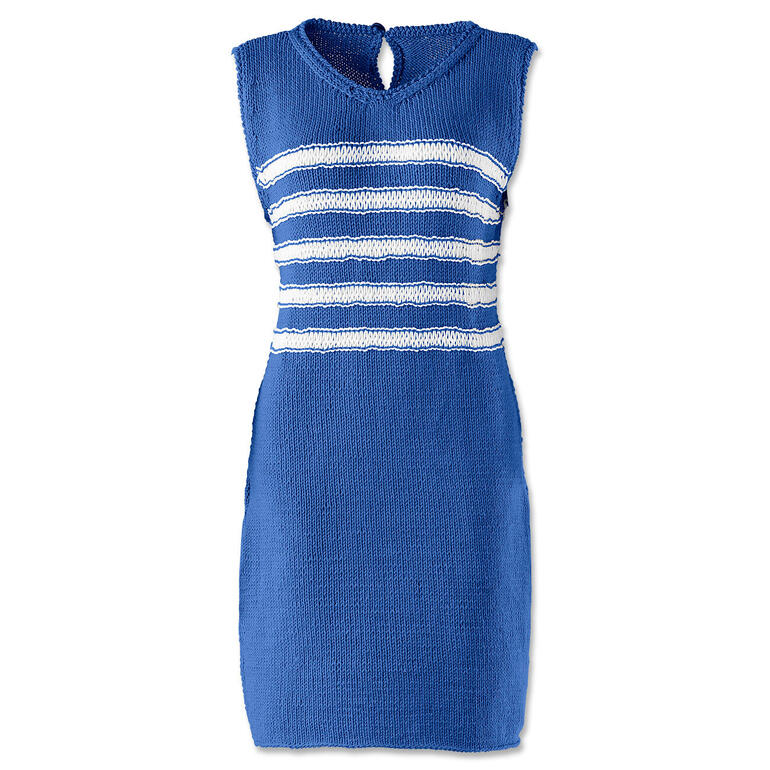 Blaues, ärmelloses Kleid mit weißen Streifen in der Mitte.