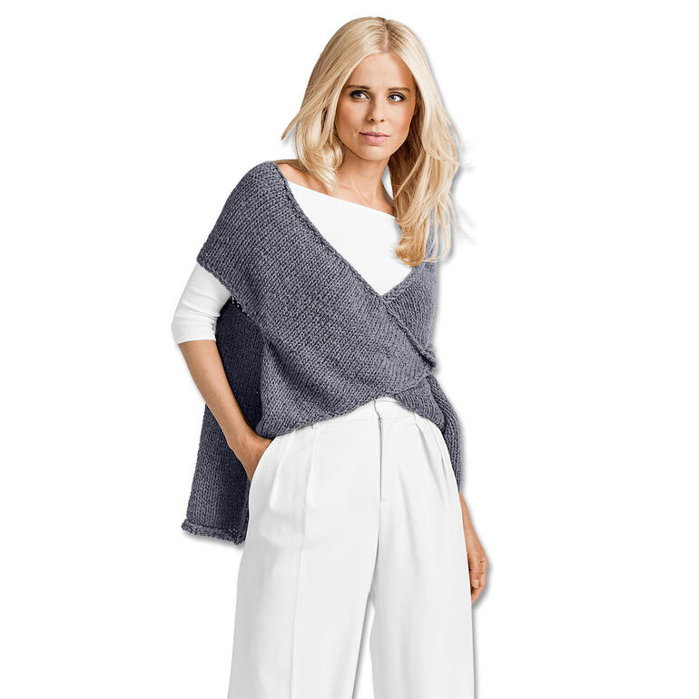 Damen-Bolero aus Kaschmir, dunkelgrau, elegant über einem weißen Top getragen.