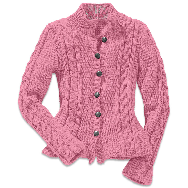 Rosa Damenjacke mit Knöpfen, offen auf einem weißen Hintergrund.