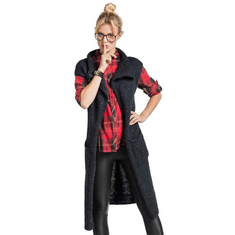 Damenweste in dunklem Design, mit Taschen und Kapuze