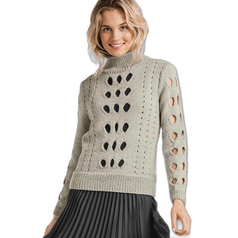 Hellgrüner Damenpullover mit Lochmuster und Rollkragen