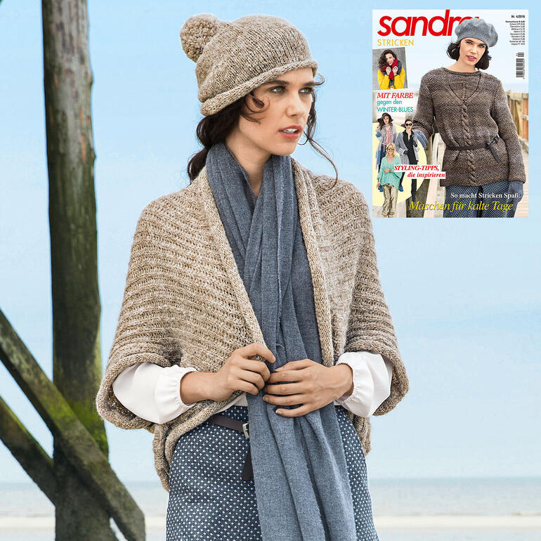 Damen Bolero und Mütze aus Palazzo, bei einer Frau am Strand fotografiert.