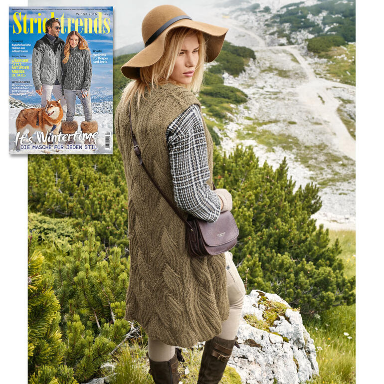 Damen Longweste aus Peru in olivgrün, getragen von einer Frau in der Natur.