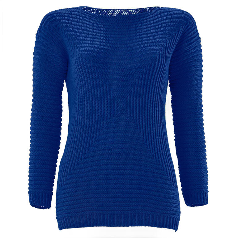 Damen Pullover aus Merino-Extrafein, in tiefem Blau, frontal abgebildet.