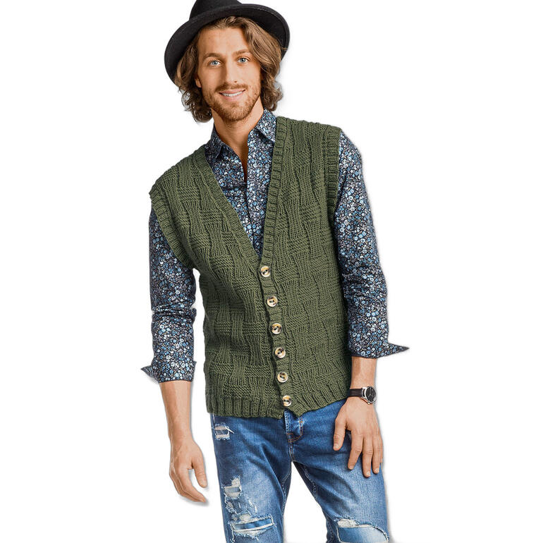 Weste aus Merino-Classic in olivgrün, getragen von einem Mann mit Jeans.