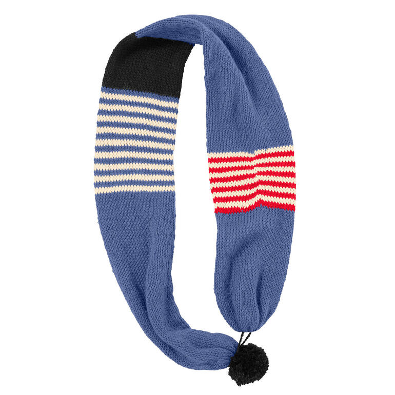 Bunter Schal mit Streifenmuster in Blau, Rot und Schwarz.