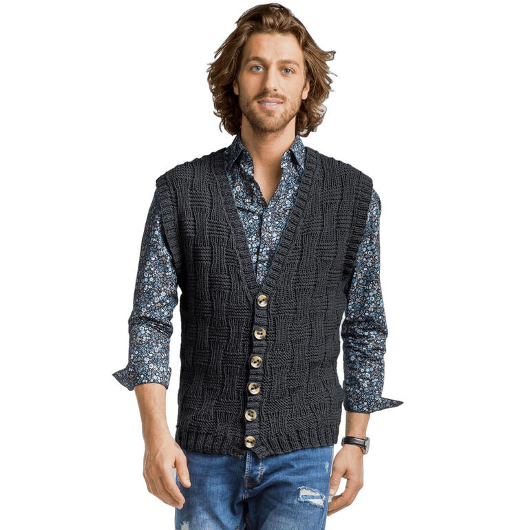 Herren Weste in dunkelgrau mit strukturiertem Muster und Knöpfen.