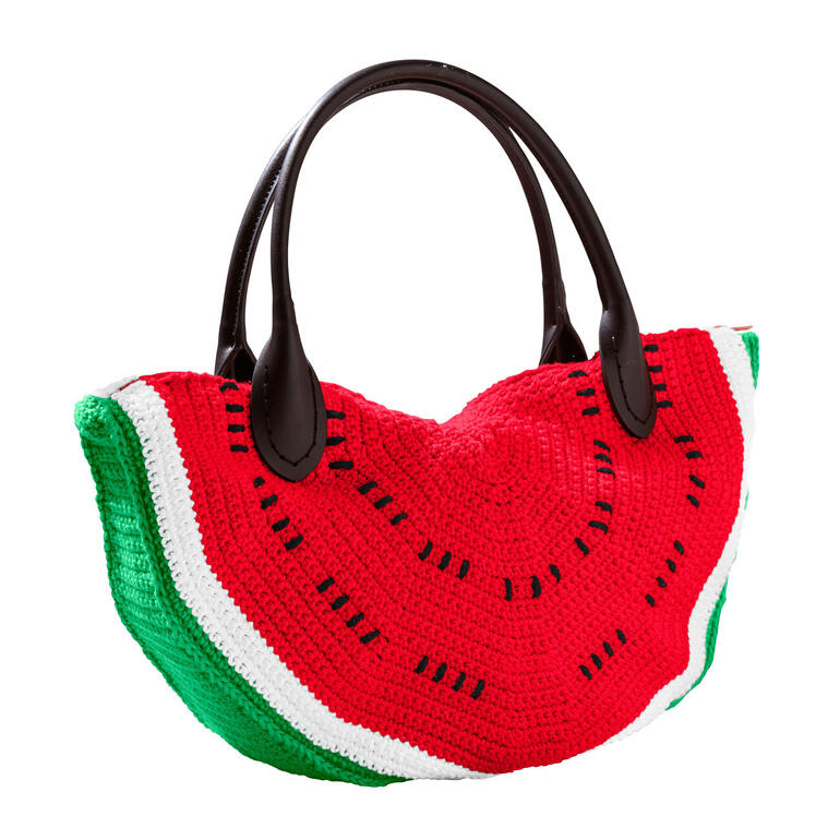 Tasche aus Cotonara in Wassermelonendesign, mit schwarzen Griffen.