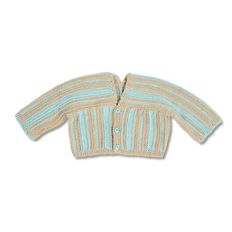 Jacke aus Cotonia II in beigen und türkisfarbenen Streifen mit Knöpfen.