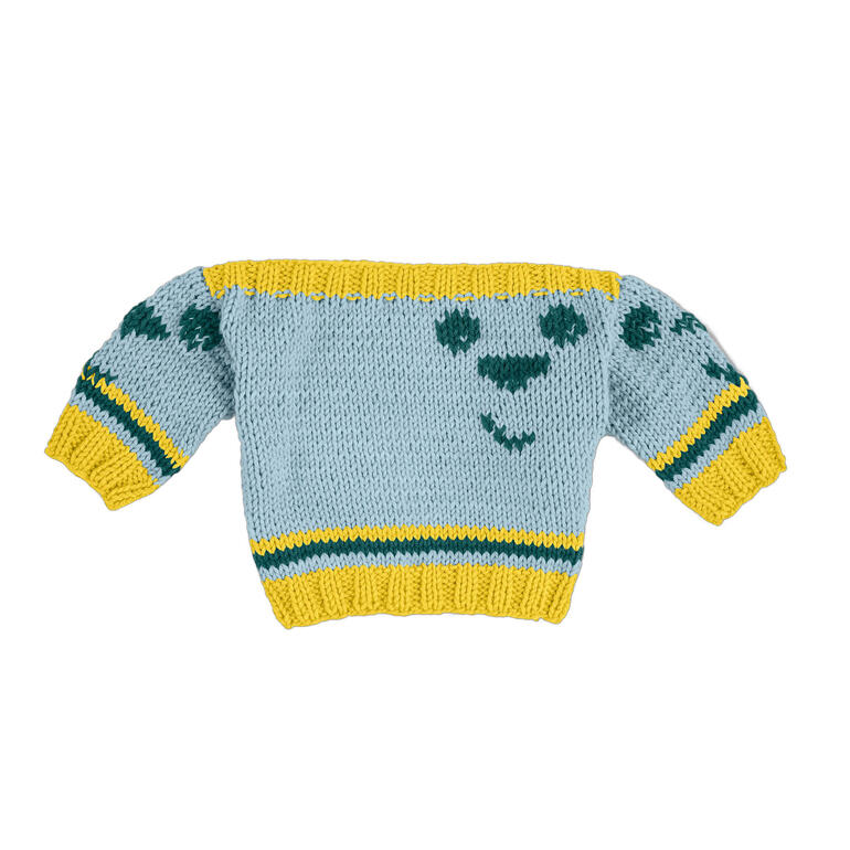 Blauer Baby-Pulli aus Cotonara mit gelben und grünen Akzenten, kleine Ärmel.