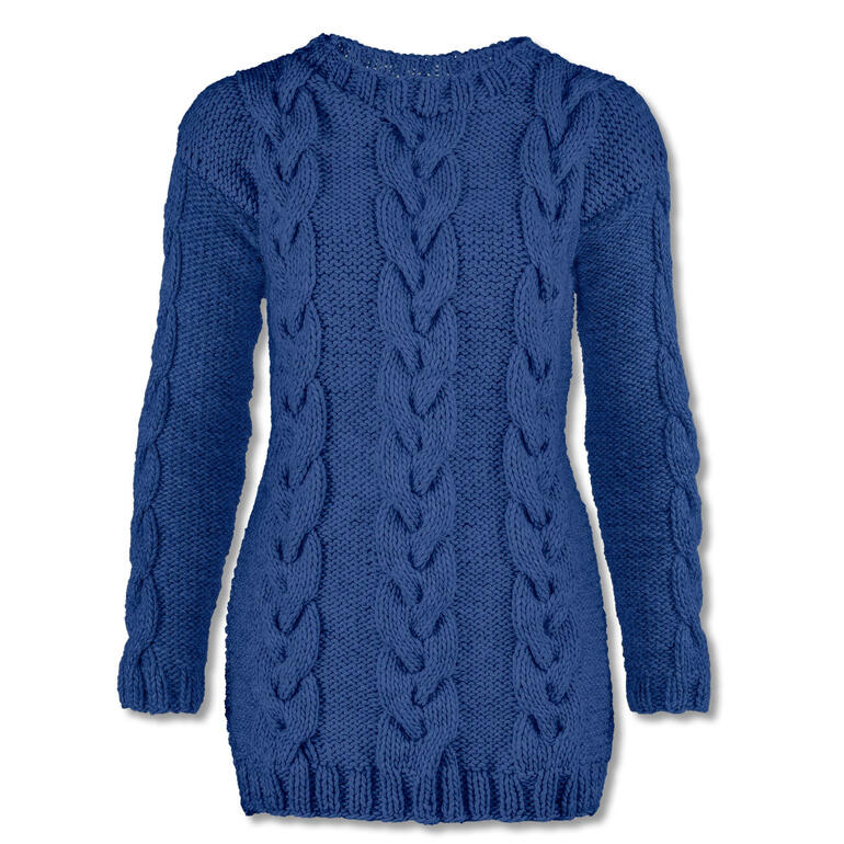 Rückansicht eines blauen Pullovers aus Canoso mit Zopfstrickmuster.