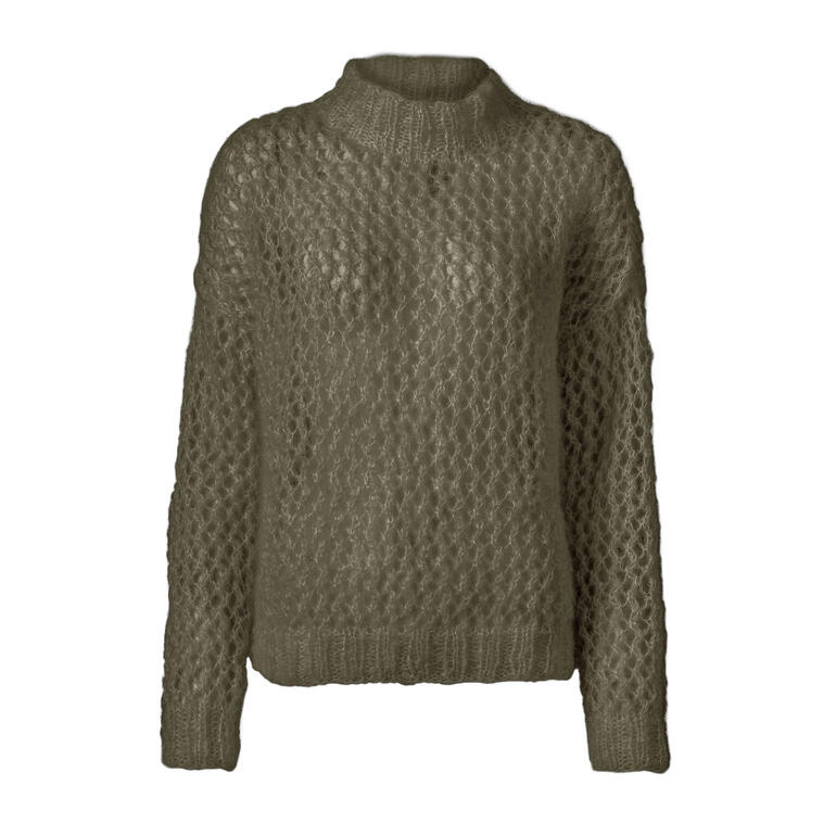 Olivgrüner Pullover aus Feelana mit offener Strickstruktur und klassischem Hals.