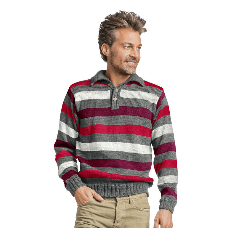 Gestreifter Herrenpullover aus Aparta-Nova in Rot und Grau.