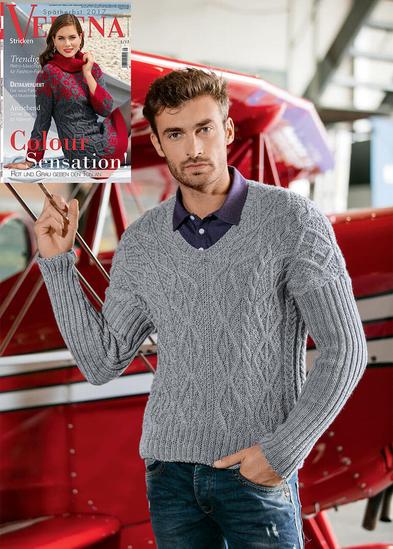 Herrenpullover aus Merino-Extrafein in hellgrau mit V-Ausschnitt.