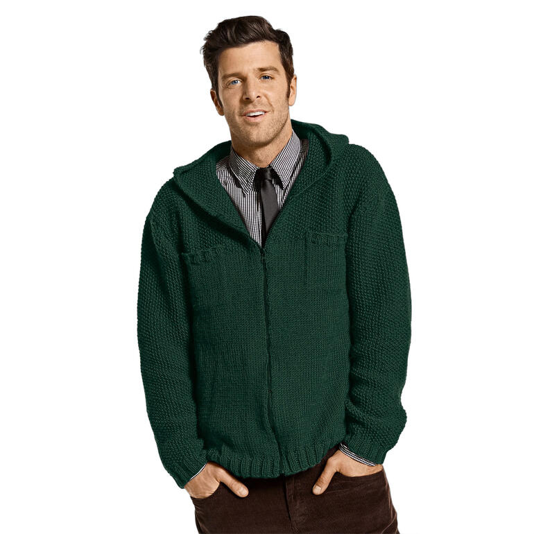 Herrenjacke mit Kapuze aus Merino-Classic in Dunkelgrün.