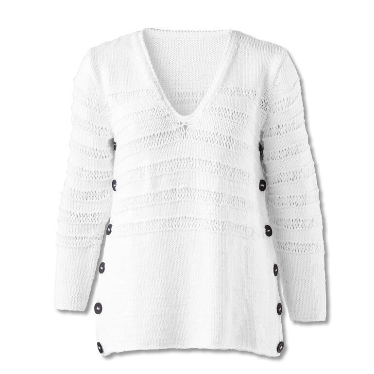 Pullover aus Cotonara in Weiß mit seitlichen Knöpfen.