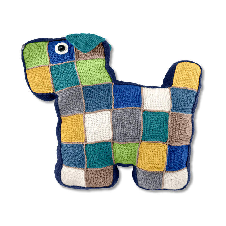 Kissen in Hund-Form, ca. 48 x 48 cm, in bunten Quadraten.