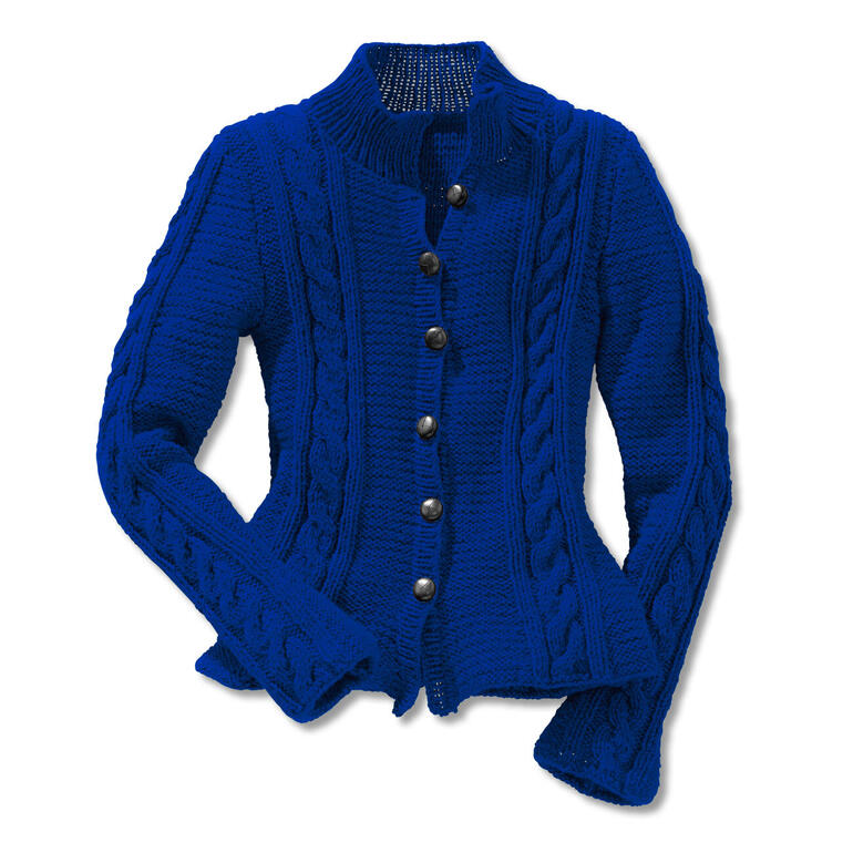 Damenjacke aus Landwolle in kräftigem Blau mit Knöpfen.