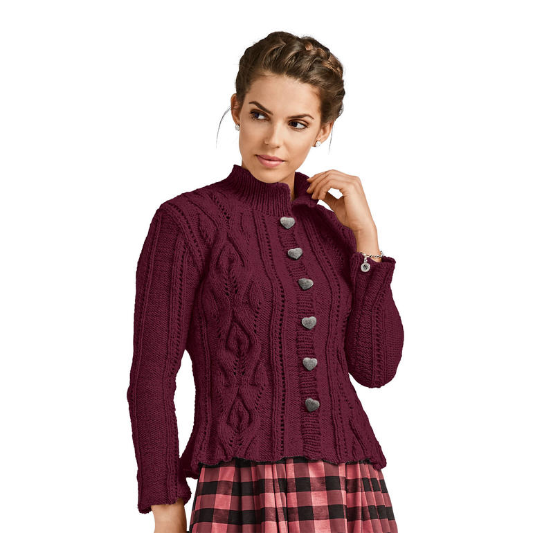 Jacke aus Landwolle in dunklem Rot mit dekorativen Knöpfen.