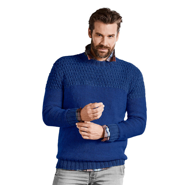 Herrenpullover aus Merino-Extrafein in dunklem Blau mit strukturiertem Design.