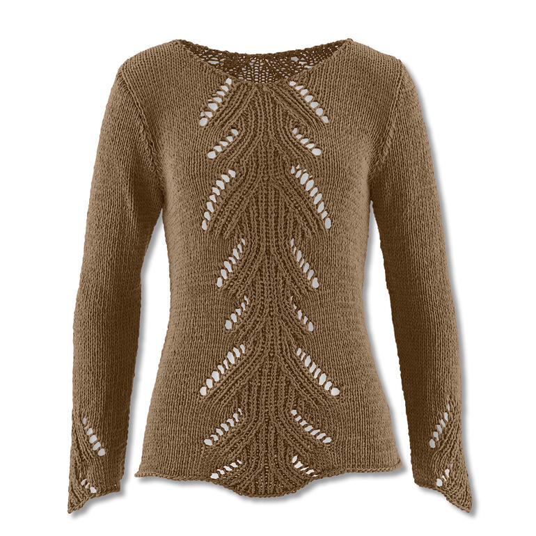 Klassischer, brauner Damenpullover mit Lochmuster, auf weißem Hintergrund.