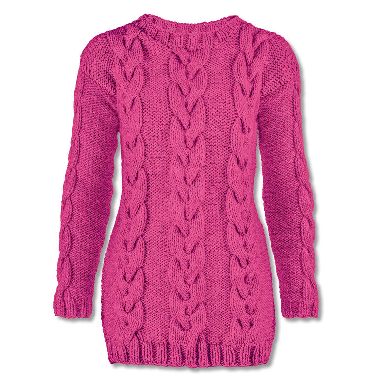 Rosa Pullover mit Zopfmuster und weitem Schnitt, für Damen angezeigt.