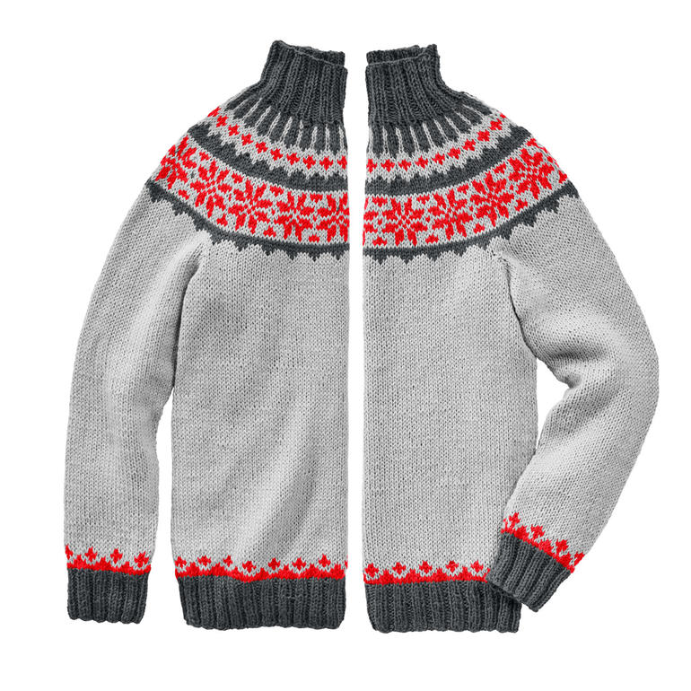 Grau-rot gemusterter Pullover aus Peru von Junghans-Wolle.
