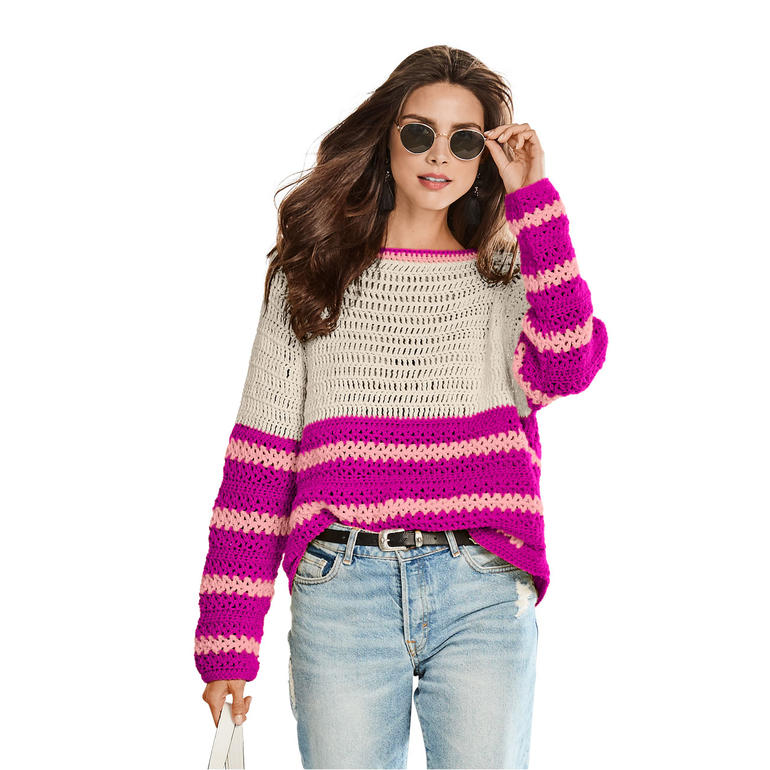 Gestrickter Damenpullover in Grau und Pink aus Cotonara von Junghans-Wolle.