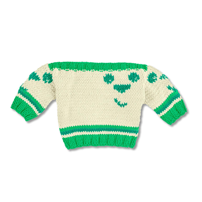 Baby-Pulli mit Pandamuster in Cream und Grün aus Cotonara von Junghans-Wolle.