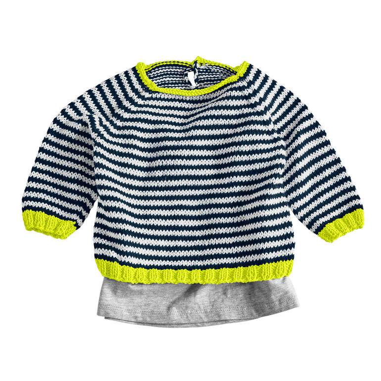 Gestreifter Babypulli in Blau und Gelb mit kurzen Ärmeln.