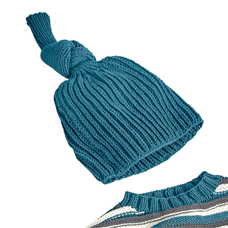Türkisfarbene Mütze aus Merino-Cotton mit Knoten.