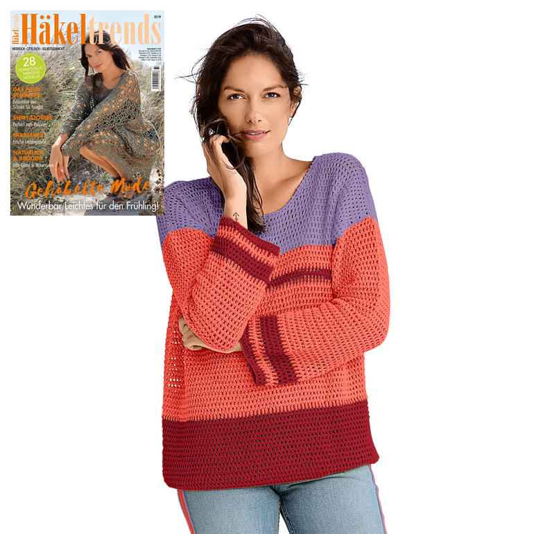 Häkelpullover aus Cotonia II in kräftigen Farben auf Modell