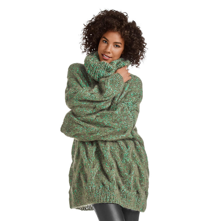 Grüner Pullover mit voluminösem Kragen, aus Feelana und Contrato.