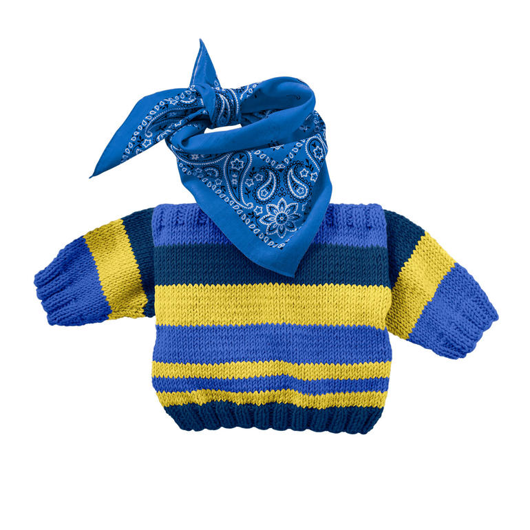 Bunter Kinderpulli aus Merino-Cotton mit Halstuch.