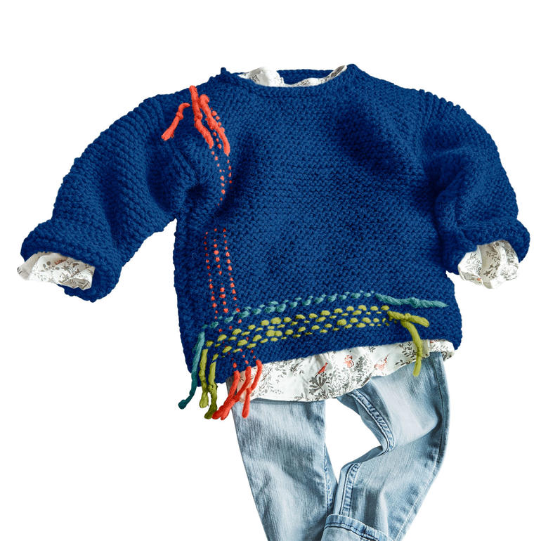 Dunkelblauer Kinderpulli aus Canoso mit bunten Dekorationen.